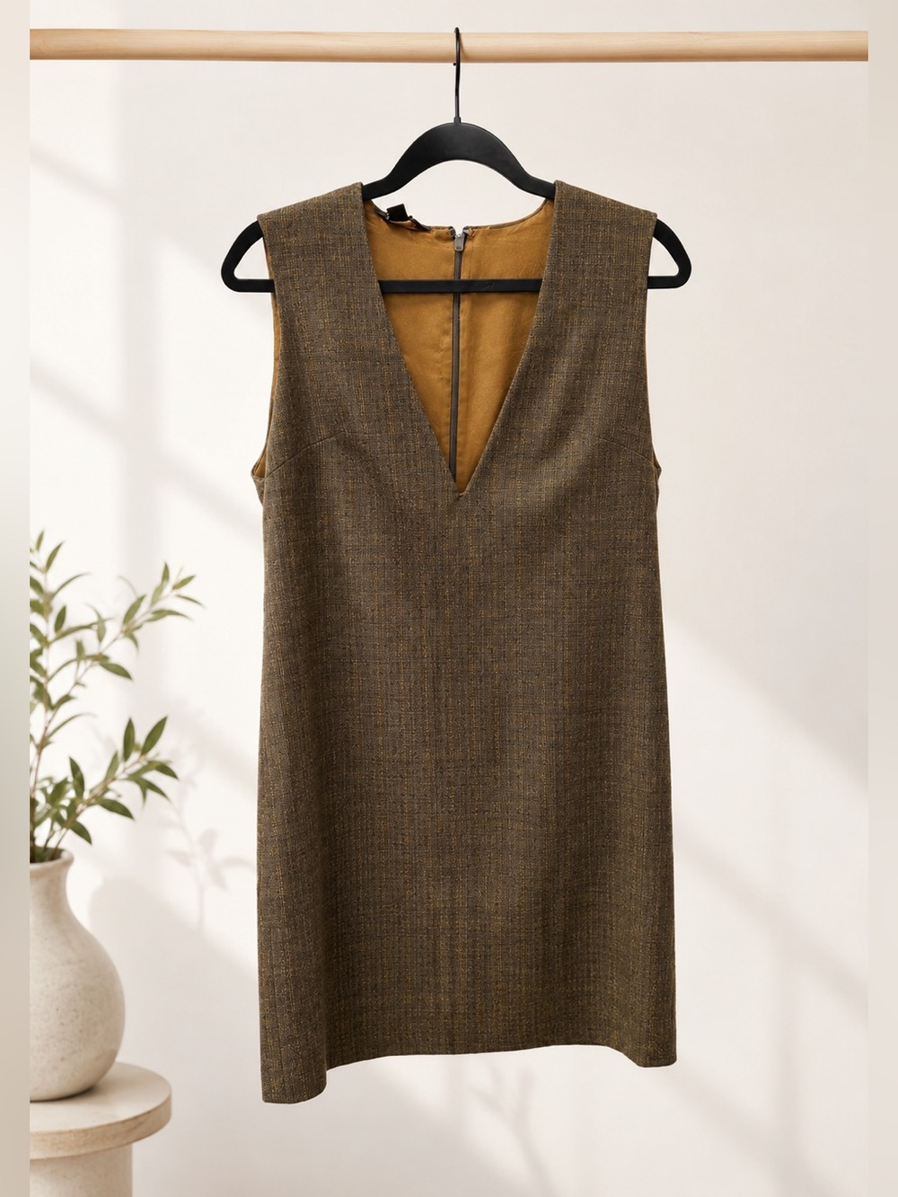 L.L.Bean Signature 100% Wool Brown Tweed Shift Dress Size 8 Petite Lined V-Neck